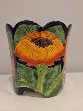 Mexican Talavera Ceramic Planter Pot with Hand-Painted Sunflower Design